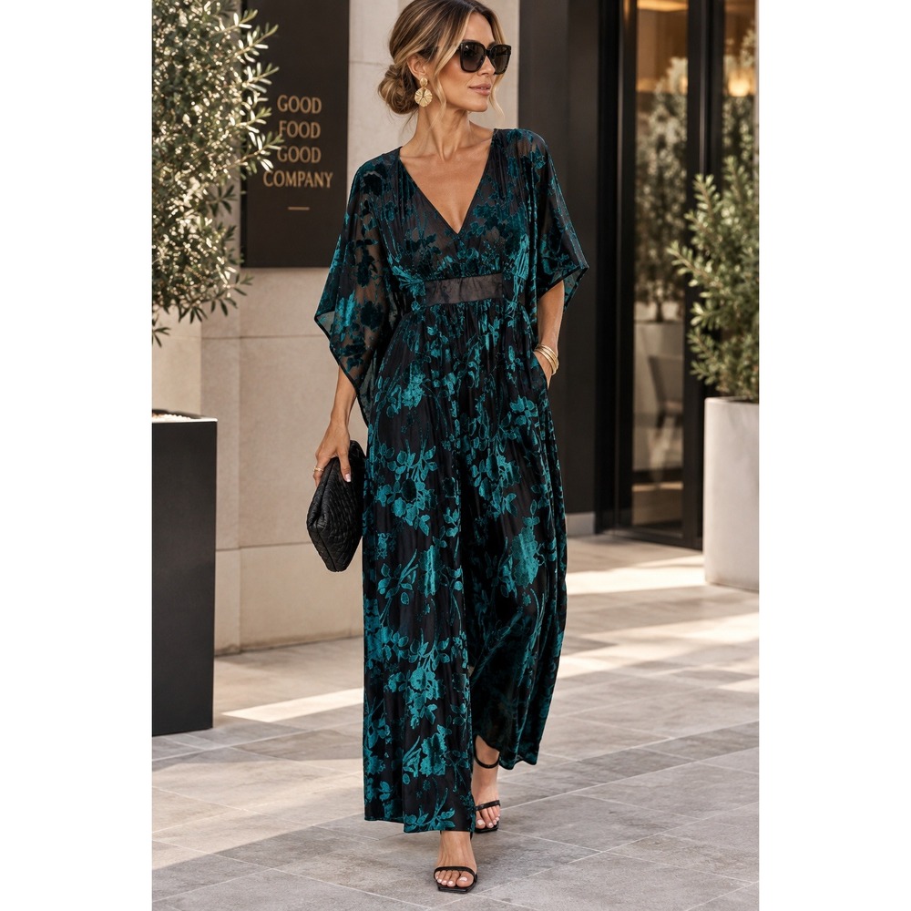 Unique Vintage Emerald Green Floral Burnout Velvet Jumpsuit Wide Leg M/L